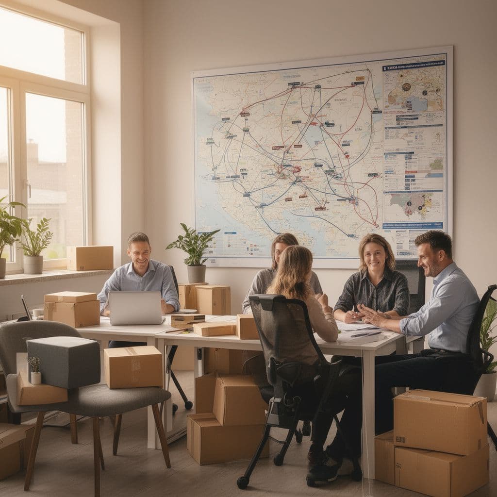 Logistics agency team working together in a bright office with a shipping route map on the wall