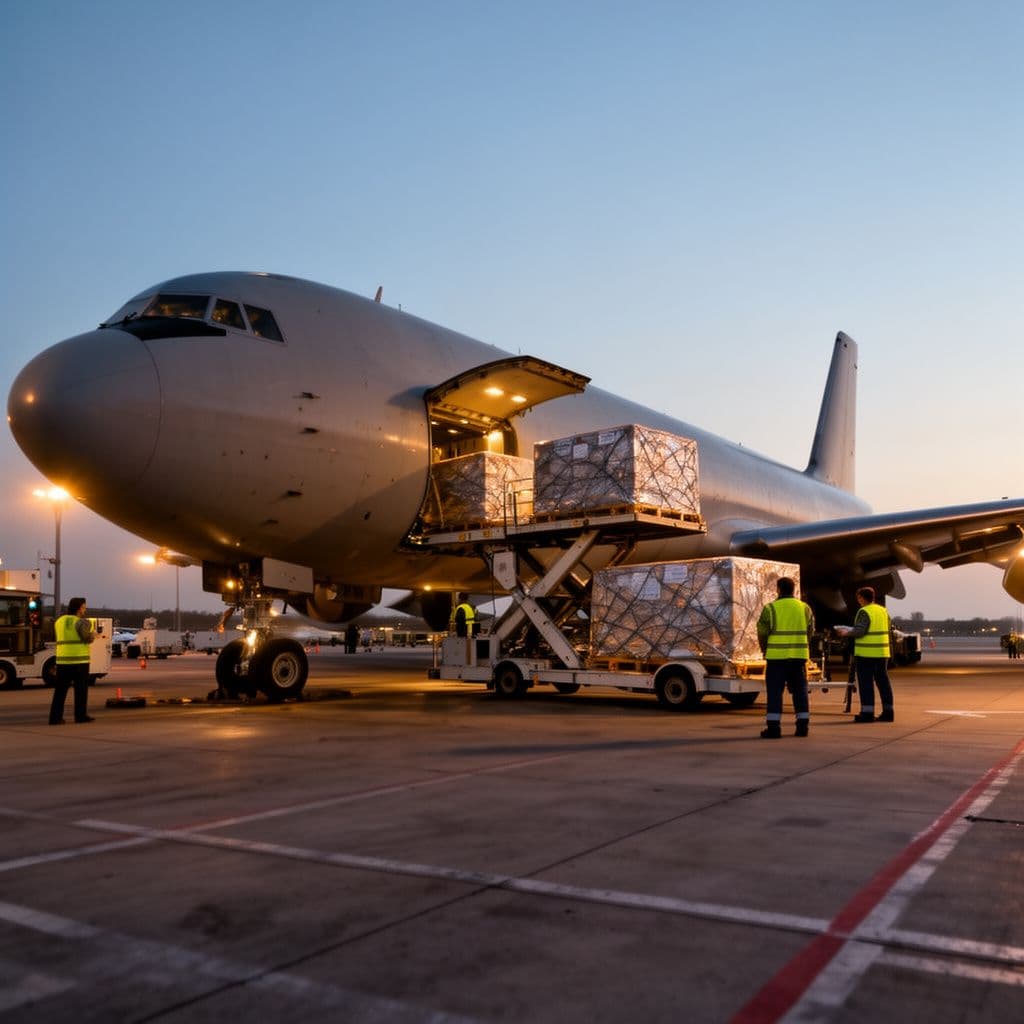 Cargo aircraft being loaded with freight pallets on an airport apron at dusk