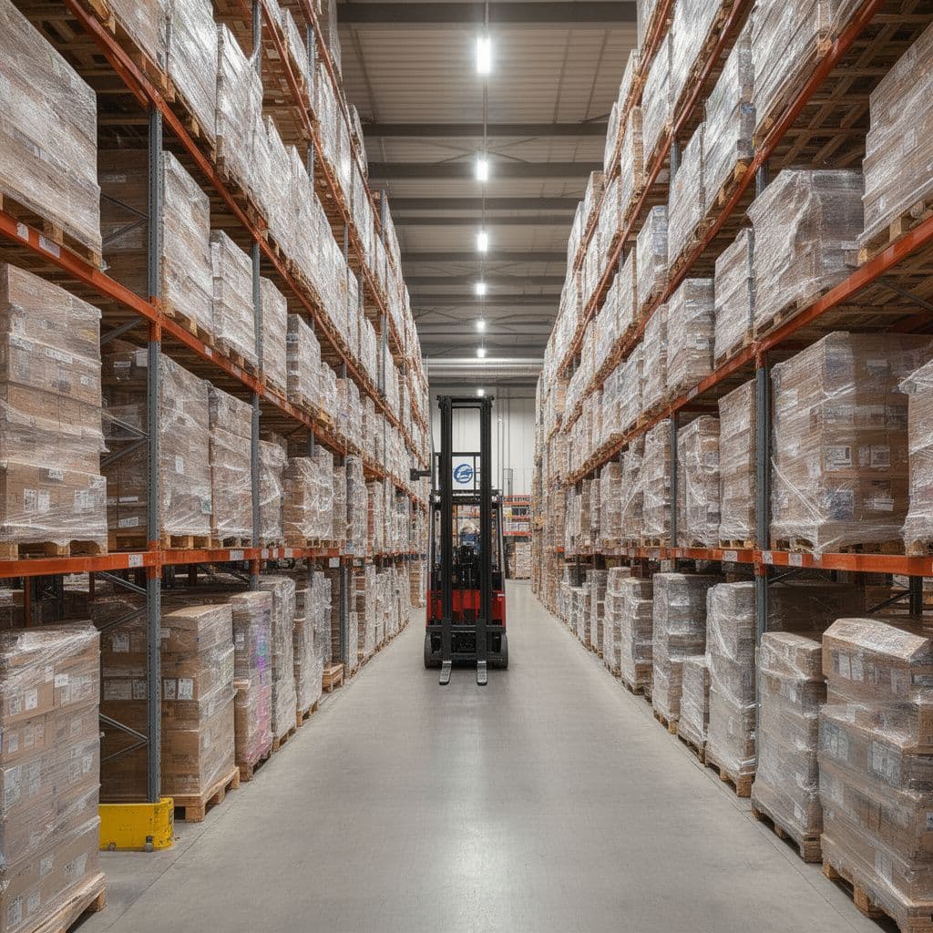 Distribution warehouse with shrink-wrapped pallets on tall racks and a forklift in the aisle