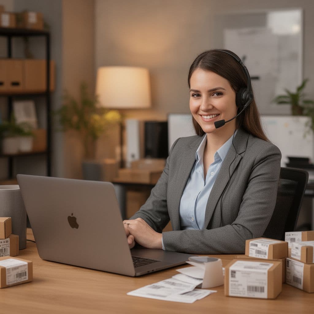 Smiling agency agent with a headset at a desk with a laptop and shipping labels
