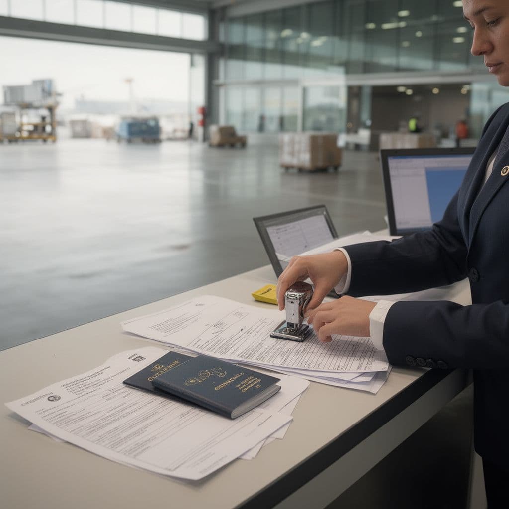 Customs officer stamping documents at an inspection desk with invoices, a passport and a laptop