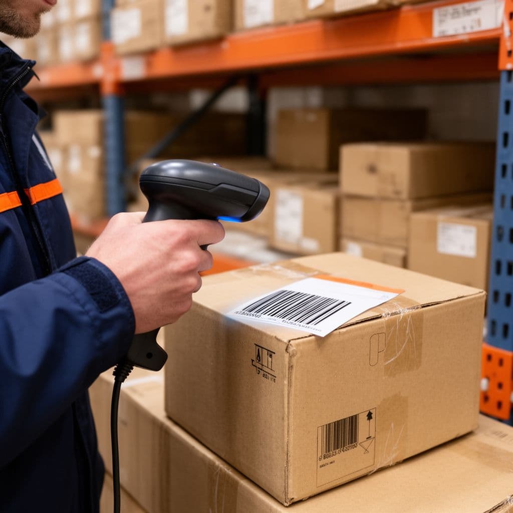 Courier scanning a barcode on a sealed parcel with a handheld scanner