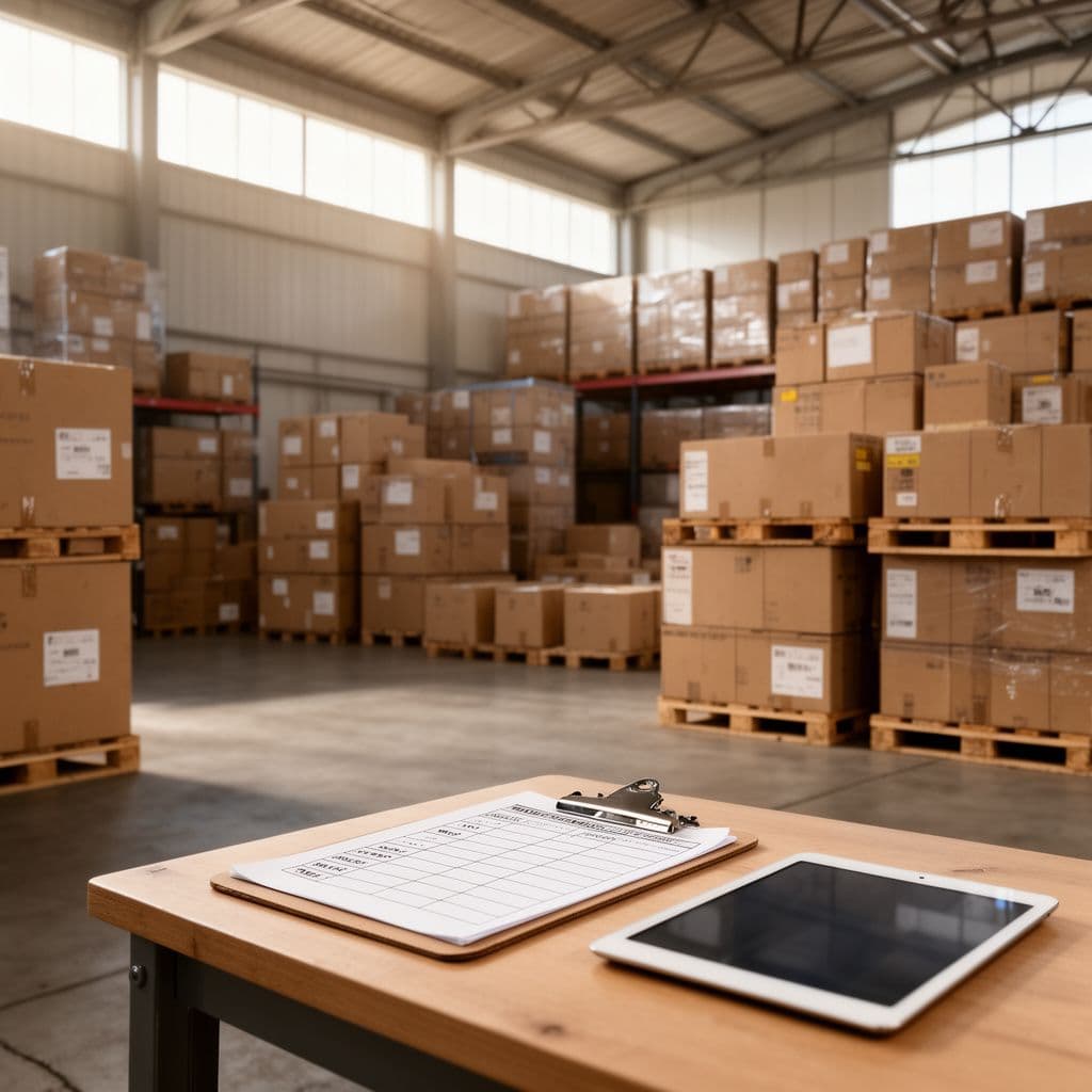 Organized freight warehouse with labeled boxes and a checklist on a table