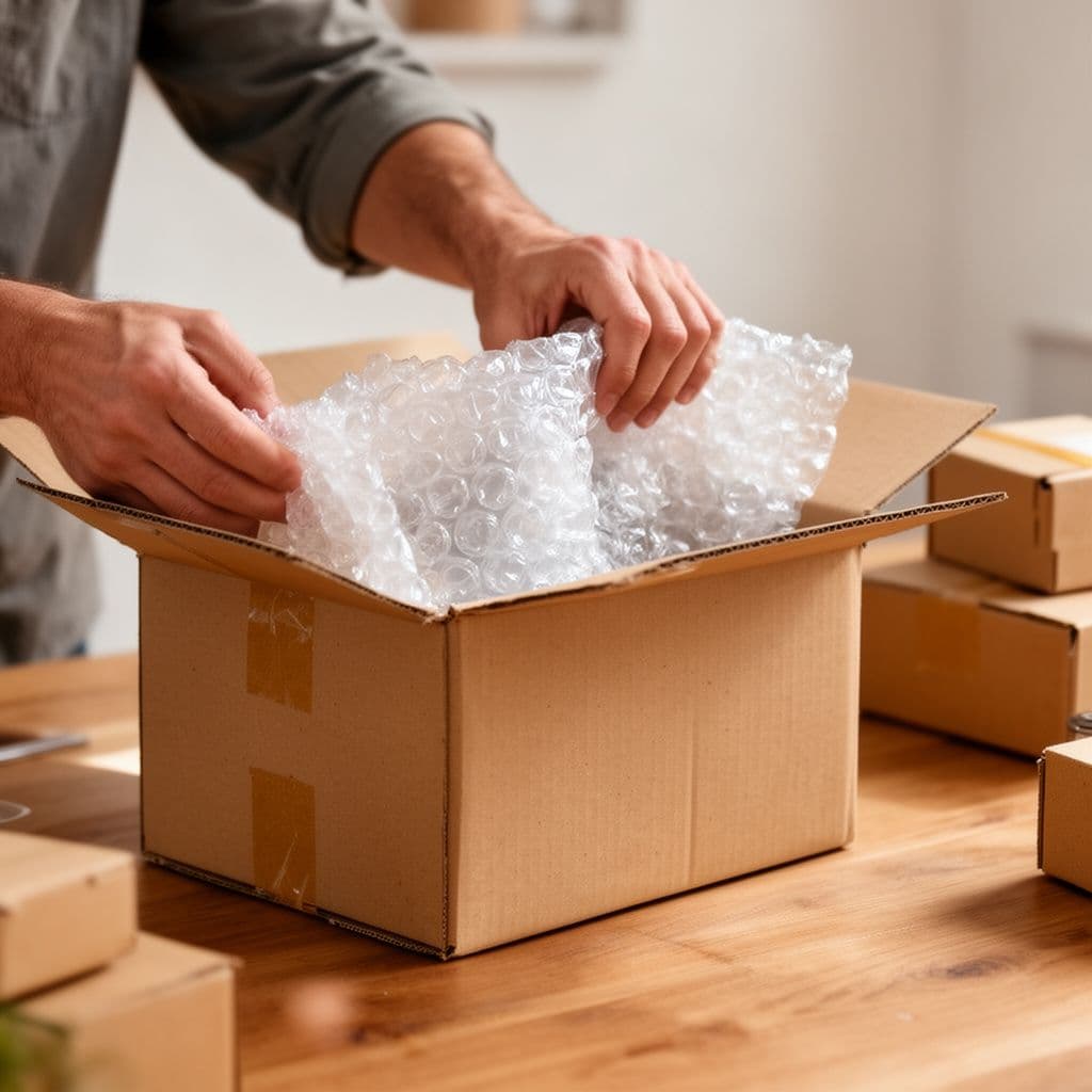 Hands packing goods with bubble wrap into a cardboard shipping box