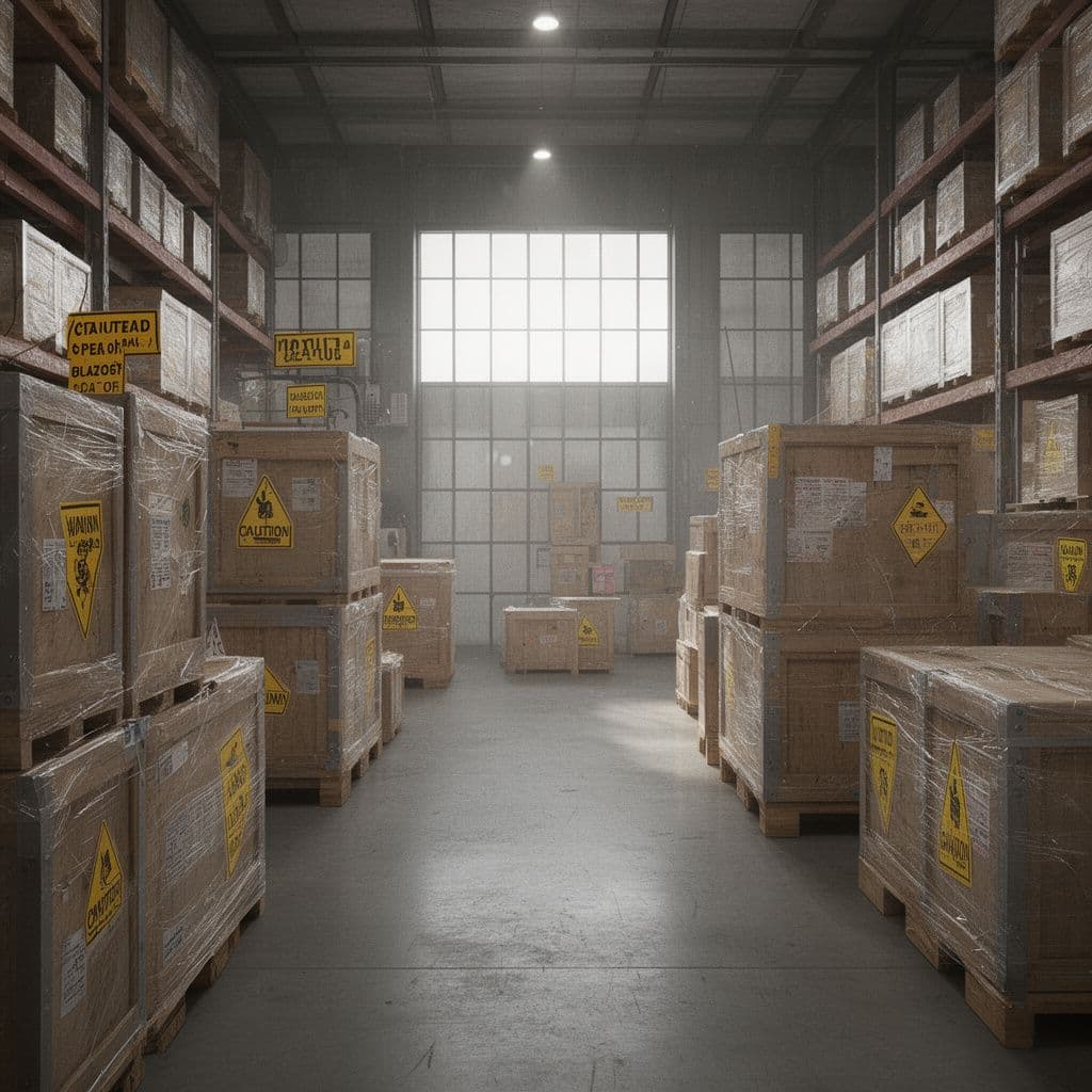 Warehouse with hazard warning signs and crates marked with caution labels