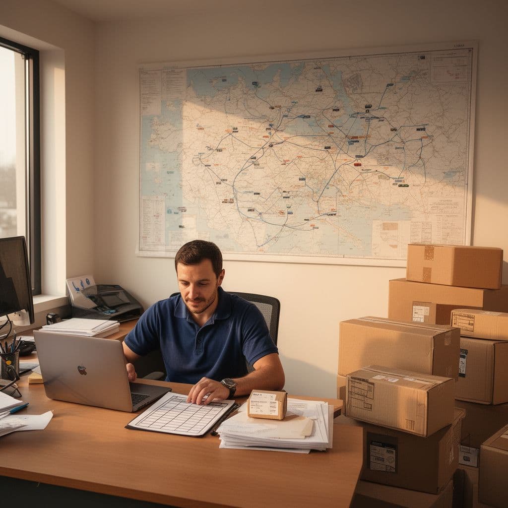 Logistics agent at a desk with a laptop and shipment checklist