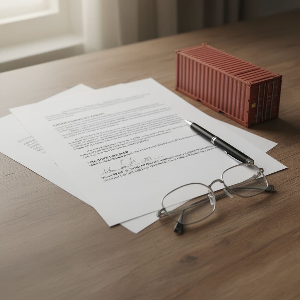 Legal documents with a pen and reading glasses beside a small model cargo container