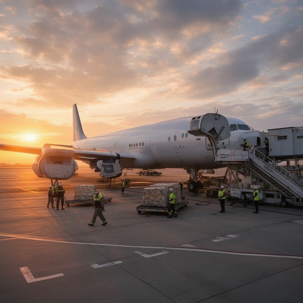 Cargo airplane being loaded on an airport apron at sunset