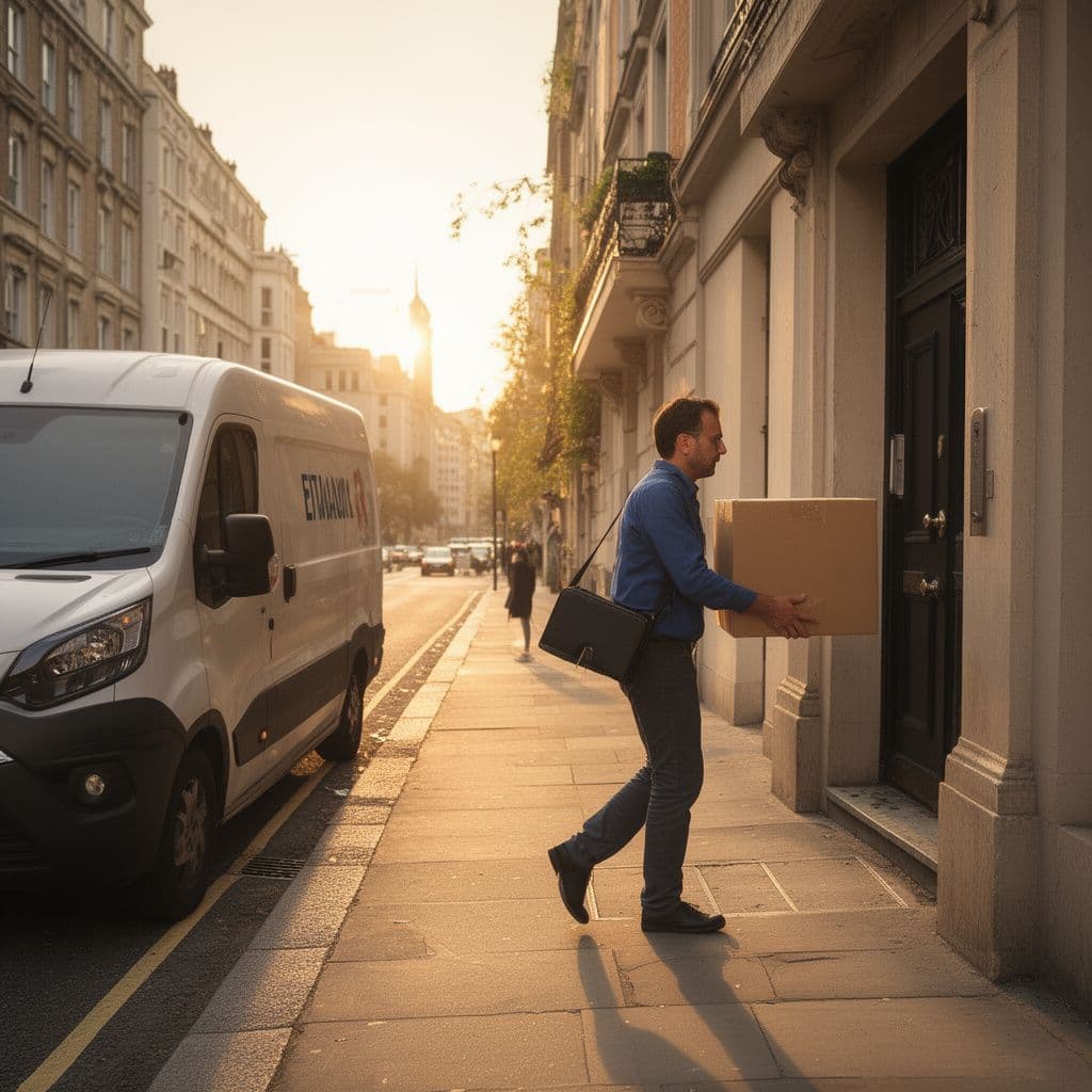 Courier carrying a box to a front door beside a parked delivery van on a city street