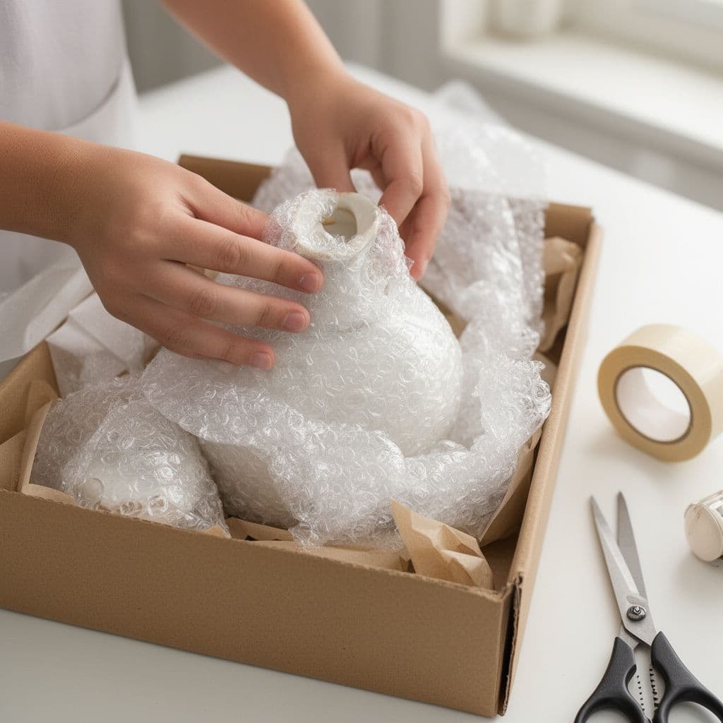 Hands packing goods carefully into a cardboard shipping box