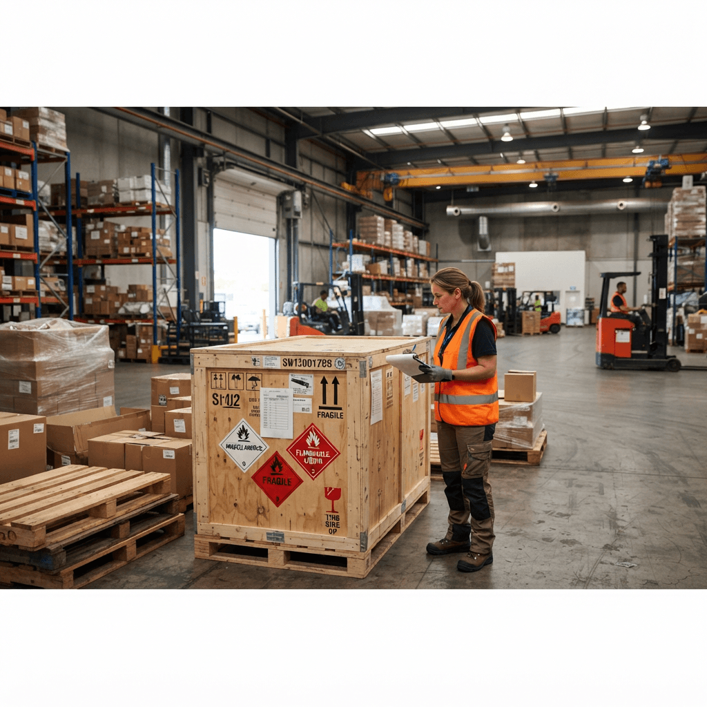 Worker in a hi-vis vest inspecting a sealed crate with hazard labels in a warehouse