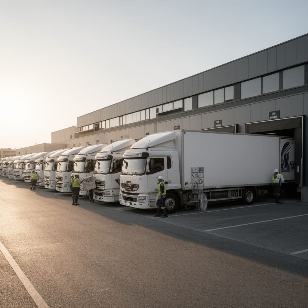 Fleet of white freight trucks at a logistics depot loading bays in morning light