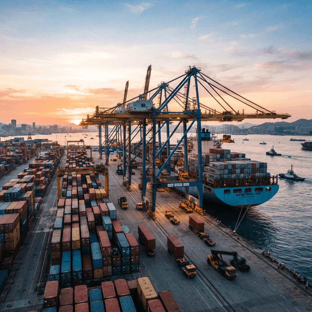 Container terminal with gantry cranes loading a container ship at sunrise