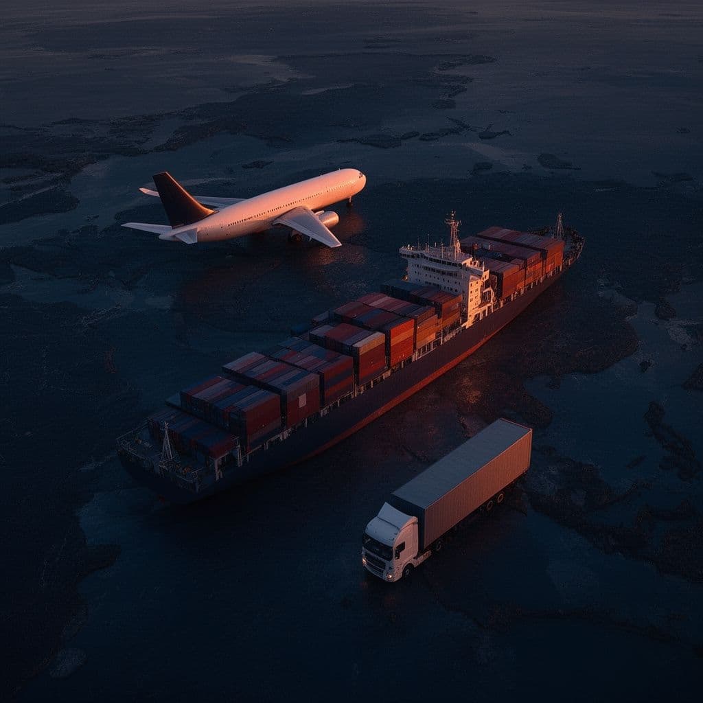Cargo plane, container ship and truck on a logistics network landscape at dusk