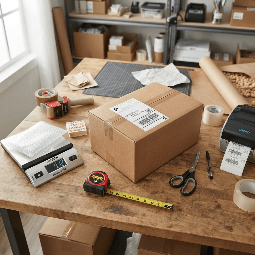 Shipping preparation table with a sealed box, packing tape, a scale and a printed shipping label